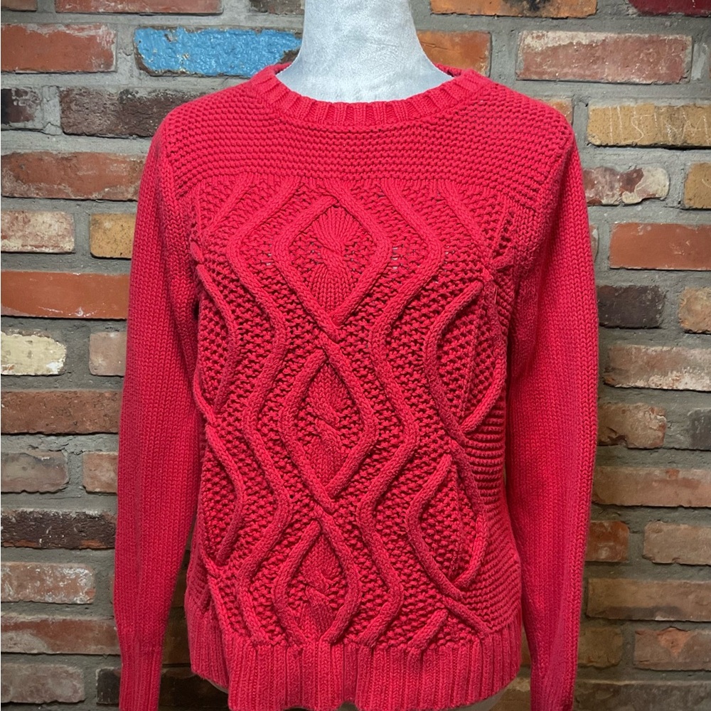 Lands' End Women's Red Cable Knit Sweater